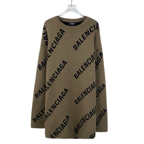 Balenciaga Brown Logo Letter Print All-Over Wool Crew Neck Sweater - Picture 1 of 8